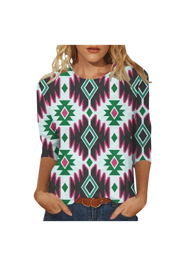 Womens Aztec Graphic 3/4 Sleeve Shirts Plus Size Crewneck Blouse Tops Dressy Casual Shirts Ladies Fall Fashion Clothes