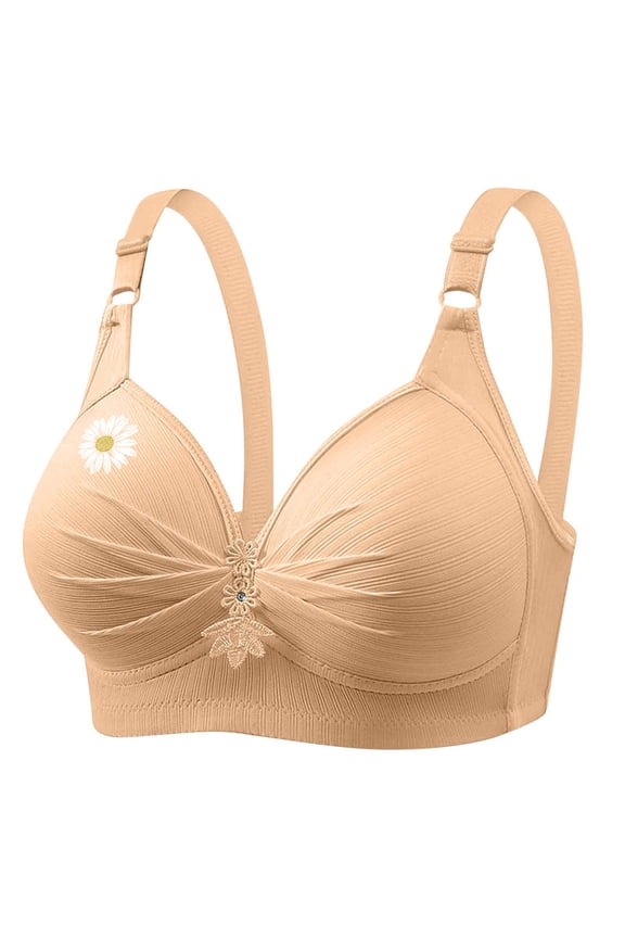 Womens B/C Cup Daisy Bras Wireless Push Up Full Coverage Everyday Bra Adjustable Straps Comfy Bralettes Underwear Beige X-Large