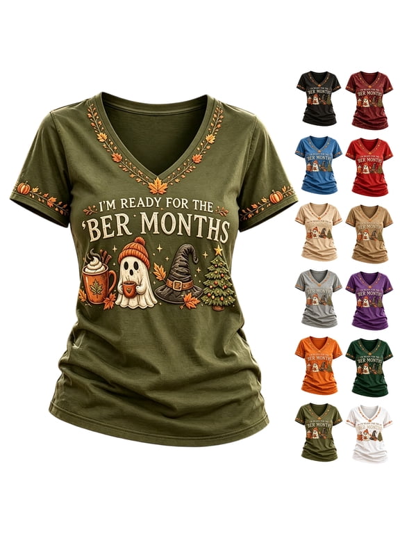 Womens The BER Months Vintage Graphic Tops, V Neck Short Sleeve Fall Halloween Thanksgiving Christmas Funny Print Tshirt, Sep Oct Nov Dec Casual Holiday Tee Tops