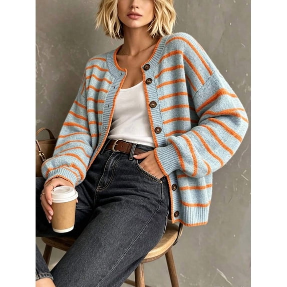 Womens Baby Blue Contrast Stripe Knit Cardigan With Brown Buttons