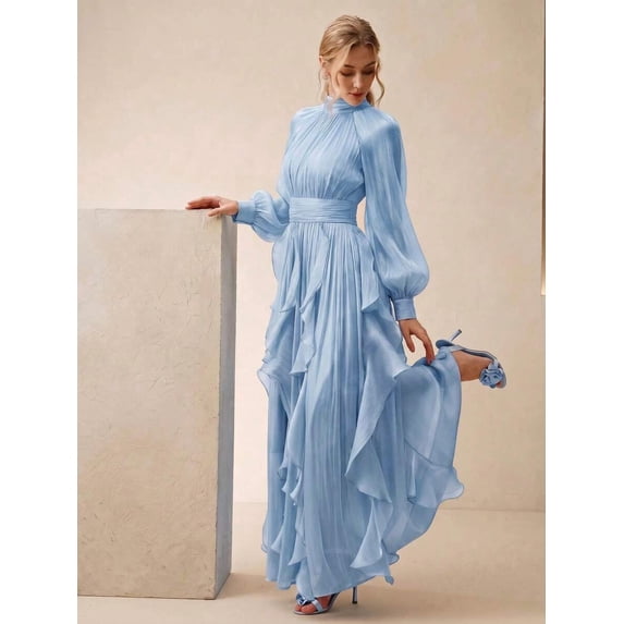 Womens Baby Blue High Neck Long Sleeve Pleated Maxi Dress With Ruffle Hem