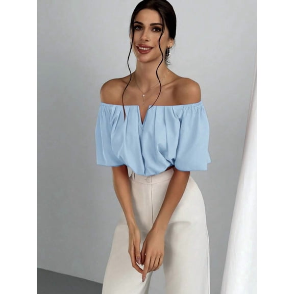 Womens Baby Blue Off Shoulder Top With V-Neck And Puff Sleeves