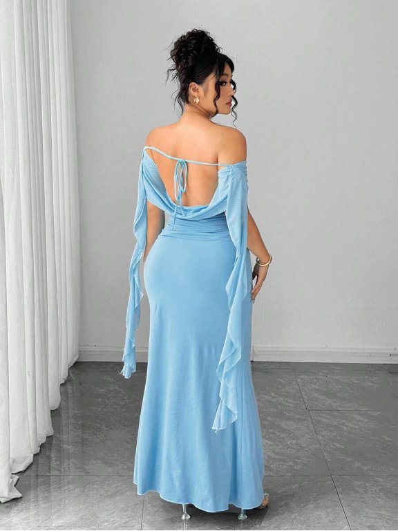 Womens Baby Blue Off The Shoulder Long Dress With Ruffle Sleeves