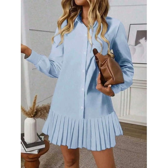 Womens Baby Blue Pleated Mini Shirt Dress, Long Sleeve Front Button