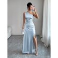 thumbnail image 1 of Womens Baby Blue Satin One Shoulder Ruched Waist High Slit Maxi Evening, 1 of 7