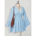 thumbnail image 1 of Womens Baby Blue V-Neck Solid Color Smocked Waist Bell Sleeve Mini Dress, 1 of 10