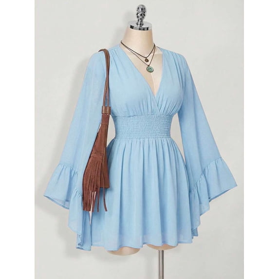 Womens Baby Blue V-Neck Solid Color Smocked Waist Bell Sleeve Mini Dress