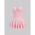 thumbnail image 1 of Womens Baby Pink Strapless Ruched Bust Double Layer Ruffle Mini Dress, 1 of 6