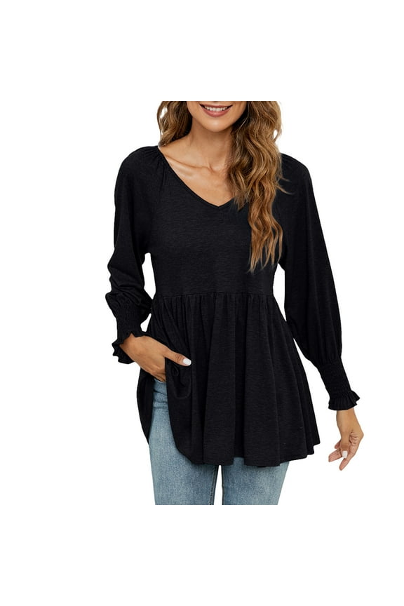 Womens Babydoll Shirts Ruffle Lantern Long Sleeve Peplum Blouse Ruched V Neck Raglan T Shirt Plain Loose Flowy Tee
