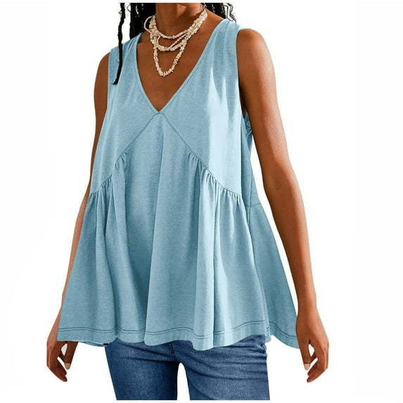 Womens Babydoll Tops Summer 2024 Trendy Pleated Flowy V Neck Tank Tops Loose Fit Cute Casual Sleeveless Tee Shirts (2XL, Light Blue) Summer Savings Deals Clearance