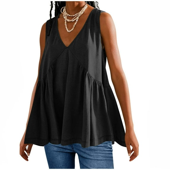 Womens Babydoll Tops Summer 2025 Trendy Pleated Flowy V Neck Tank Tops Loose Fit Cute Casual Sleeveless Tee Shirts (S, Black)