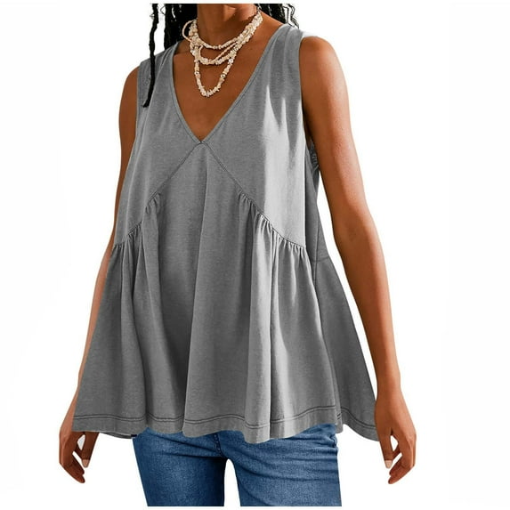 Womens Babydoll Tops Summer 2024 Trendy Pleated Flowy V Neck Tank Tops Loose Fit Cute Casual Sleeveless Tee Shirts (XL, Gray) Summer Savings Deals Clearance
