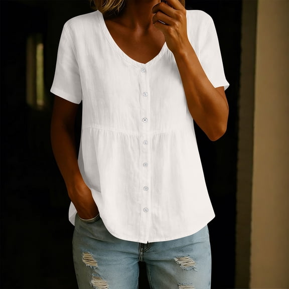 Womens Babydoll Tops Summer Short Sleeve Peplum Flowy Blouse Casual Spring Loose Button Down V Neck Ruffle Shirts White M