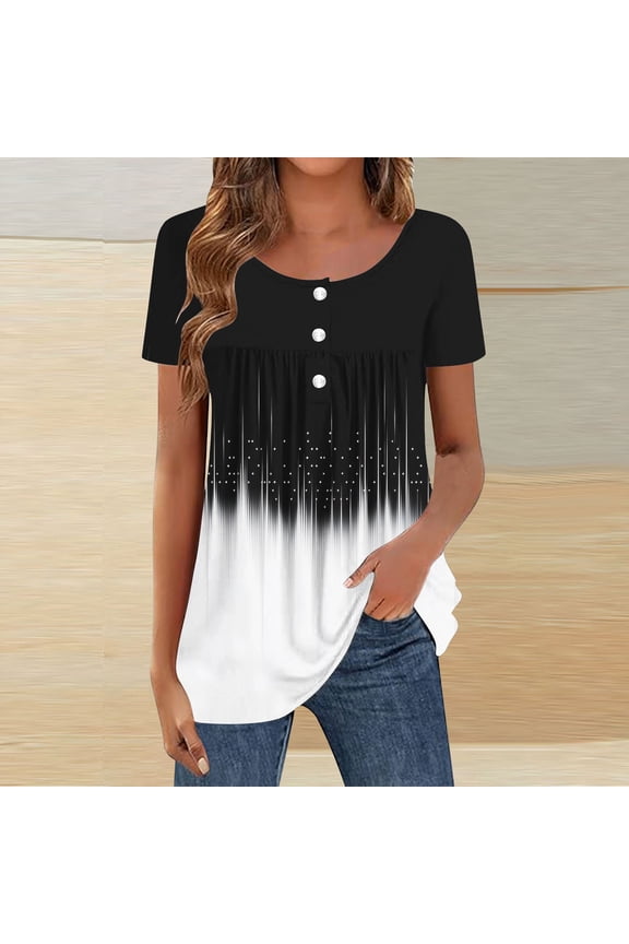 Womens Babydoll Tunic Top Short Sleeve Ombre Print Flowy A-Line Tummy Control Blouse Black,Size L