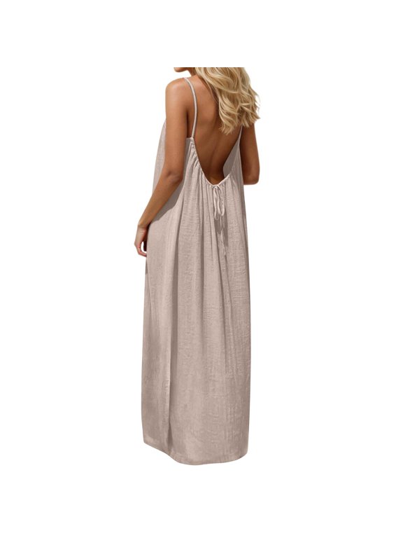 Womens Backless Cami Dress Backless Dresses for Women 2026 Summer Casual Solid Color Sleeveless Maxi Dress Sundresses (Camel,L)