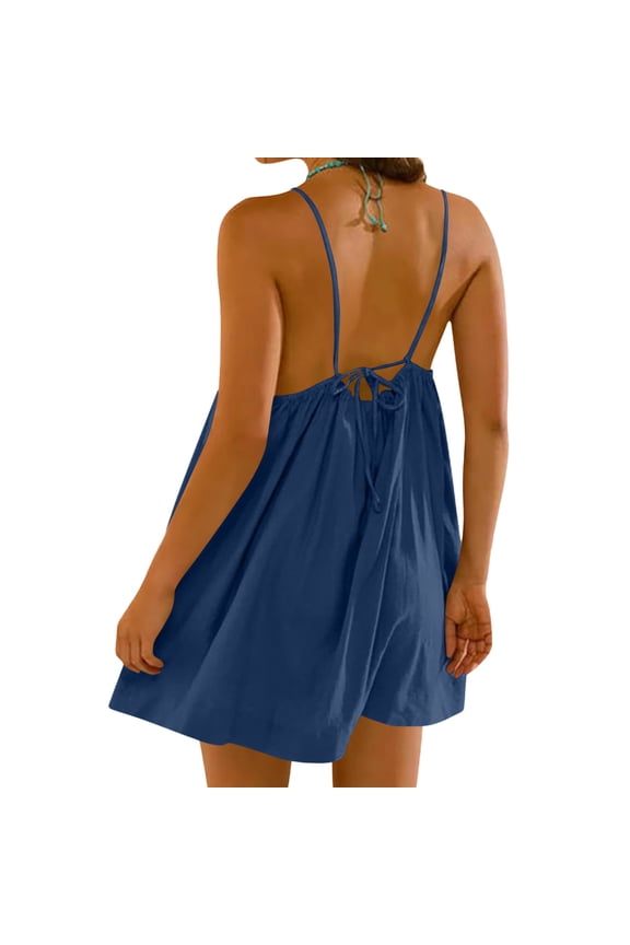 Womens Backless Cami Dress Summer Beach Vacation Mini Bubble Dress Spaghetti Strap Open Back Sundress Blue, XL