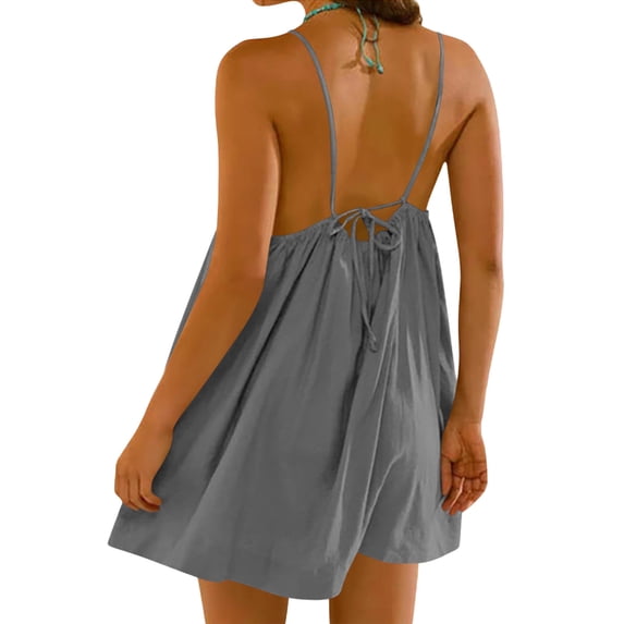 Womens Backless Cami Dress Summer Beach Vacation Mini Bubble Dress Spaghetti Strap Open Back Sundress Gray, L