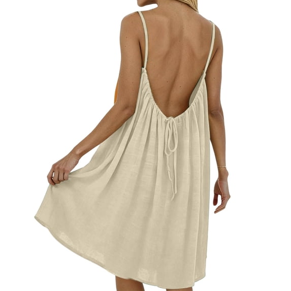 Womens Backless Cami Dresses Summer Pleated Midi Beach Dress Adjustable Strap Casual Flowy Sundresses Beige, 3XL