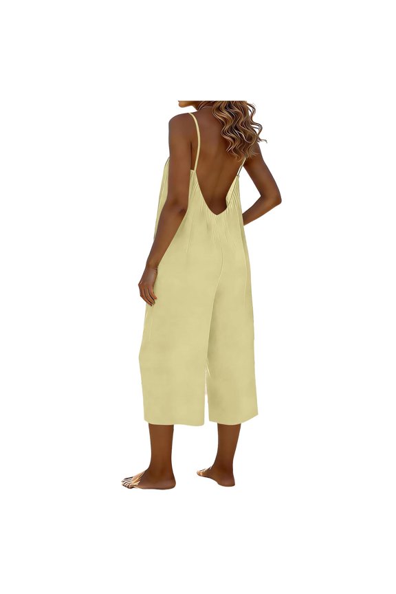 Womens Backless Capri Overalls Adjustable Spaghetti Straps Wide Leg Rompers Pleated Casual Loose Fit Sleeveless Capris Jumpsuits