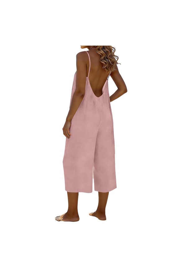 Womens Backless Capri Overalls Adjustable Spaghetti Straps Wide Leg Rompers Pleated Casual Loose Fit Sleeveless Capris Jumpsuits