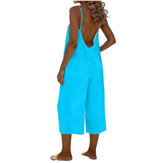 Womens Backless Capri Overalls Adjustable Spaghetti Straps Wide Leg Rompers Pleated Casual Loose Fit Sleeveless Capris Jumpsuits