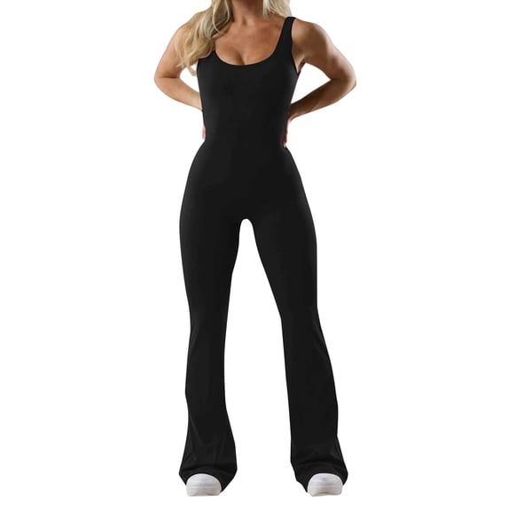 Womens Backless Flare Jumpsuit with Bra Tummy Control Cutout Romper Workout Outfit Sleeveless Unitard One Piece Backless Bodysuit Bell Bottoms Flare Jumpsuits Gym Yoga Rompers,BlackL