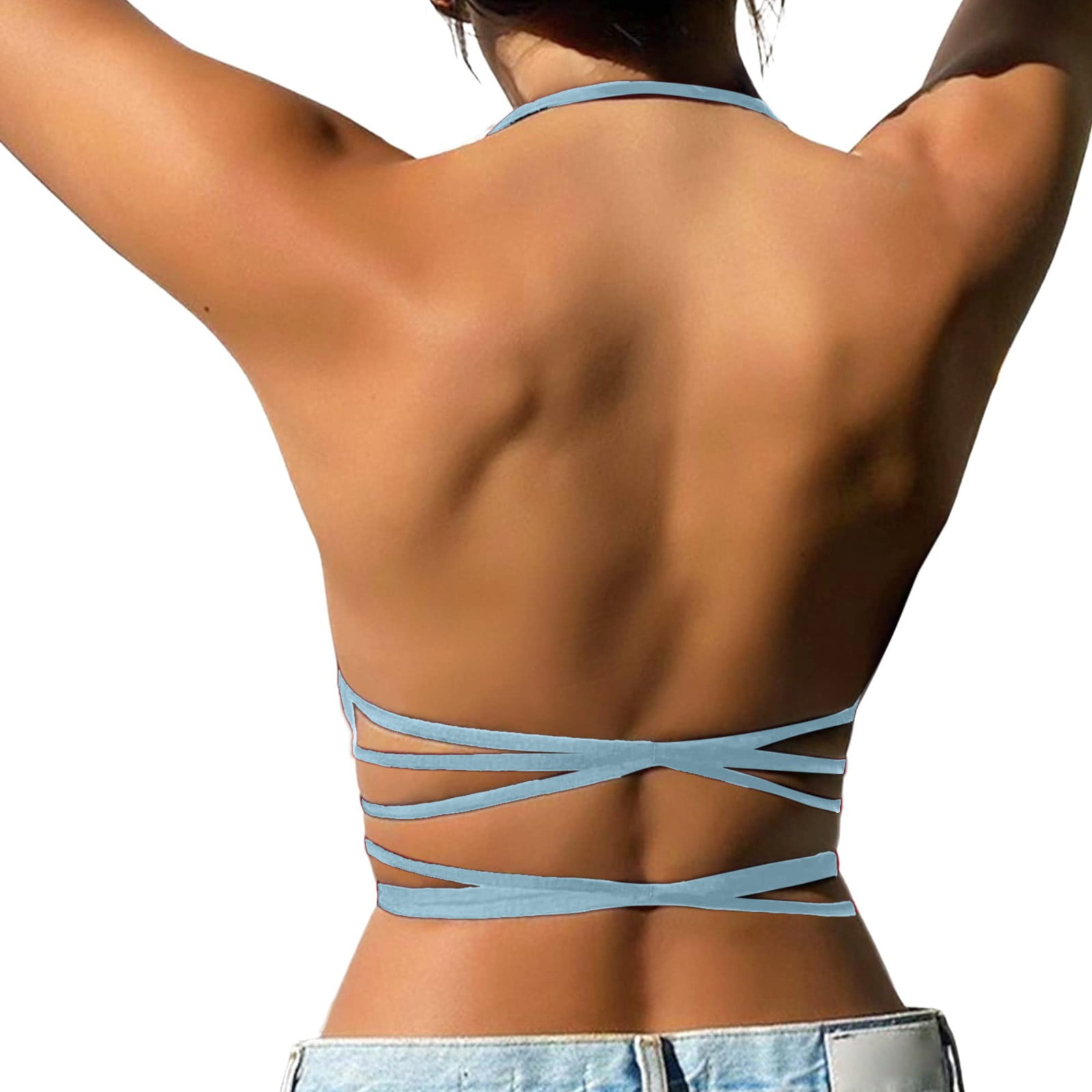Womens Backless Halter Crop Top Padded Sports Bras Light Support