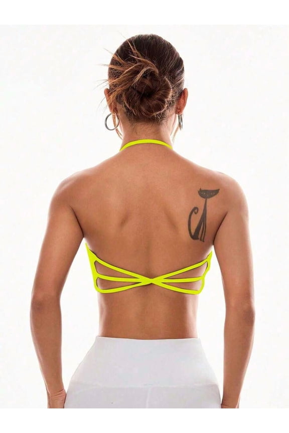 Womens Backless Halter Sports Bra With Crisscross Straps Yellow Neon