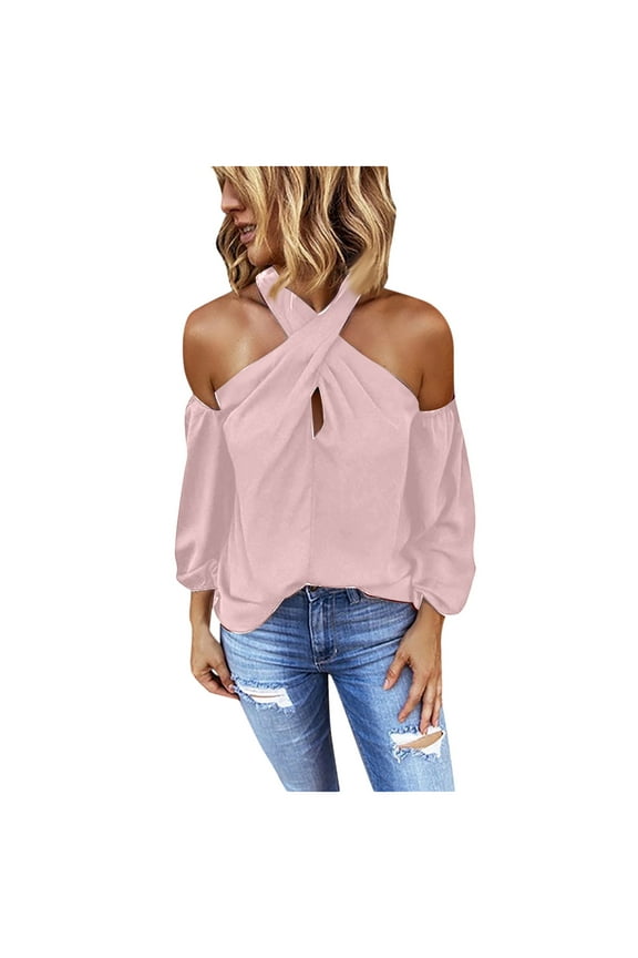 Womens Backless Halter T Shirts Tee Tops Fashion Long Seeve Cold Shoulder Wrap Blouse Spring Summer Shirt