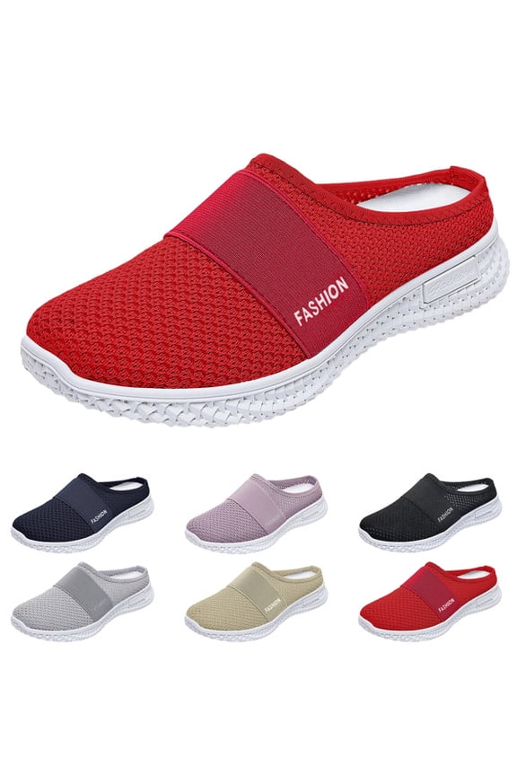Womens Backless Mule Sneakers Breathable Mesh Walking Flats Shoes Closed Toe Slip On Shoes Casual Lightweight Soft Soles Comfortable Slides Slippers Garden Shoes for House Outdoor,Red,36