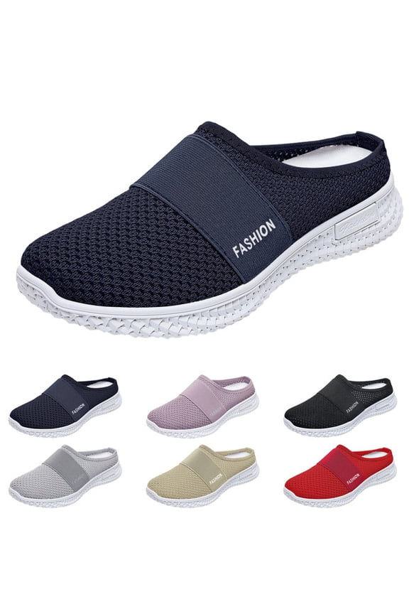 Womens Backless Mule Sneakers Breathable Mesh Walking Flats Shoes Closed Toe Slip On Shoes Casual Lightweight Soft Soles Comfortable Slides Slippers Garden Shoes for House Outdoor,Navy,36