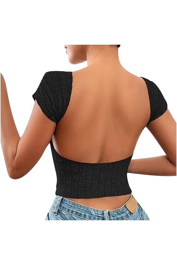 Womens Backless Sexy Going Out Tops 2024 Summer Open Back Y2k Basic Tight Cropped Tee Shirts