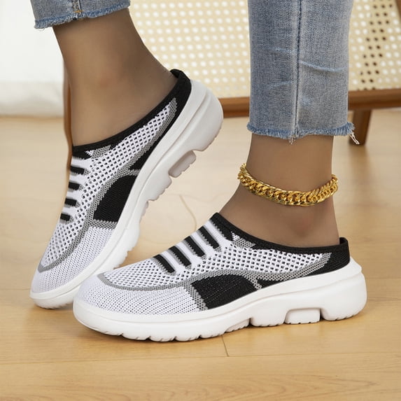 Womens Backless Slip On Walking Slides, Color Block Fly Knit Mule Sneakers, Chunky Platform Mesh Shoes For House Errands White 36