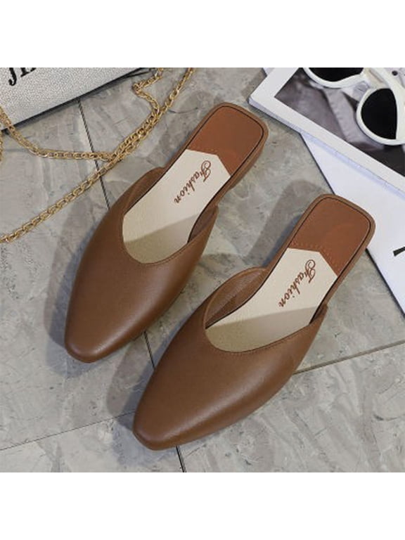Womens Backless Slip on Slides Loafer Shoes Flats Comfortable Pointed Toe Mules Brown 36