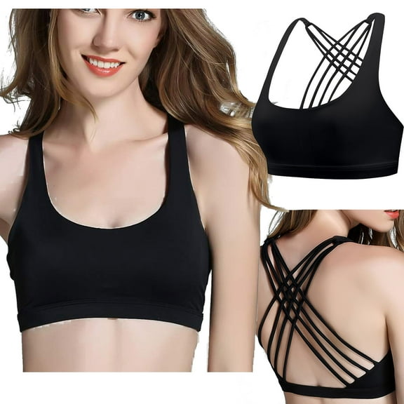 Womens Backless Sports Bras Criss Cross Back Strappy Wireless Padded Bralette Low Impact Fitness Workout Gym Bra, Black, M