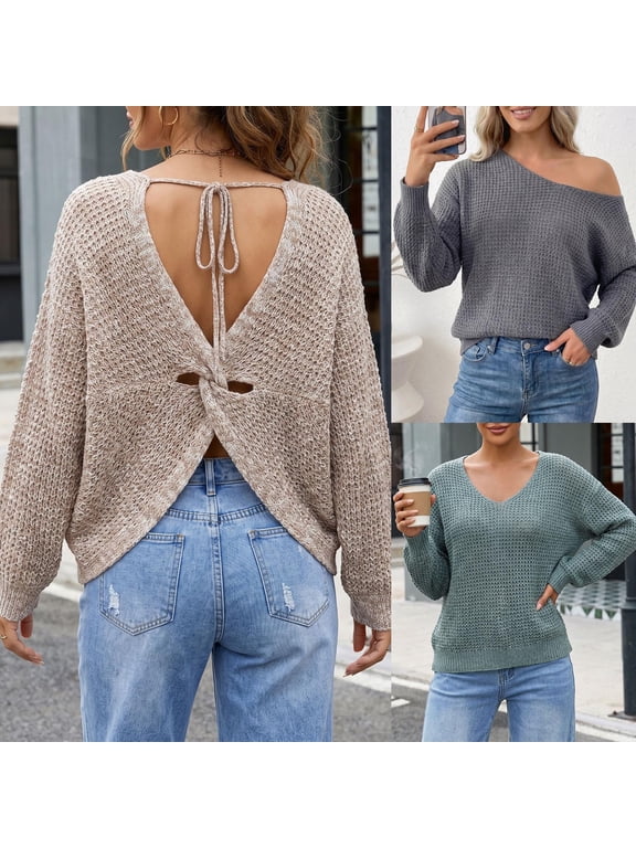 Womens Backless Sweater Knit Long Sleeve Open Back Tie Back Pullover Loose Fit Solid Casual Top Bow Detail Y2K Going Out Pullover Sweater Top