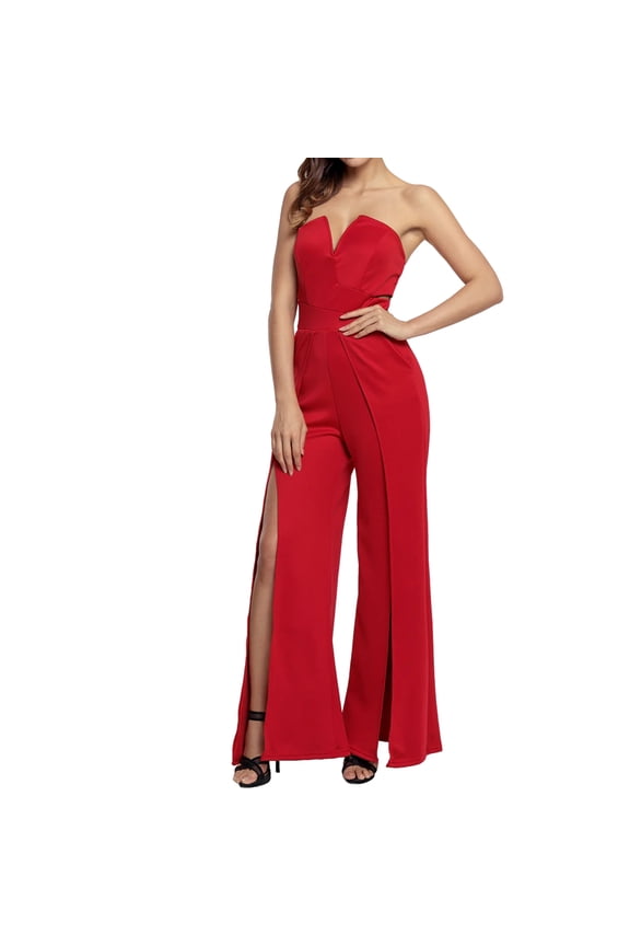 Womens Backless Tube Top V-Neck Bare Upper Shoulders Split Wide Leg Pants Strapless Sexy Jumpsuit L