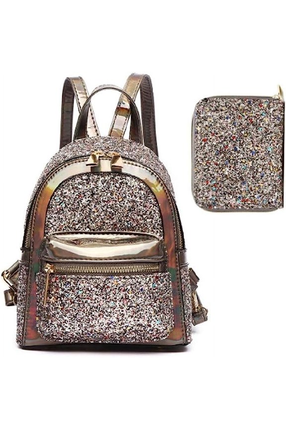 Womens Backpack Small 2 in 1 Metallic Glitter Zipper Coin Purse Bag Wallet Set