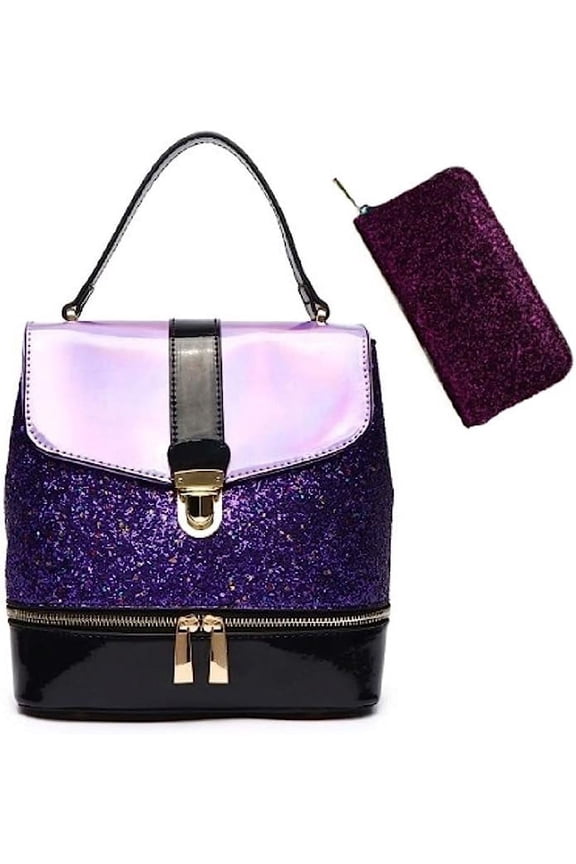 Womens Backpack Small 2 in 1 Metallic Glitter Zipper Coin Purse Bag Wallet Set