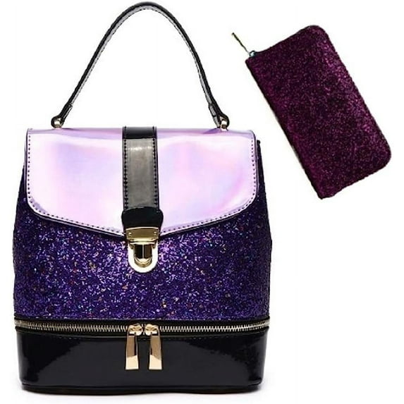 Womens Backpack Small 2 in 1 Metallic Glitter Zipper Coin Purse Bag Wallet Set