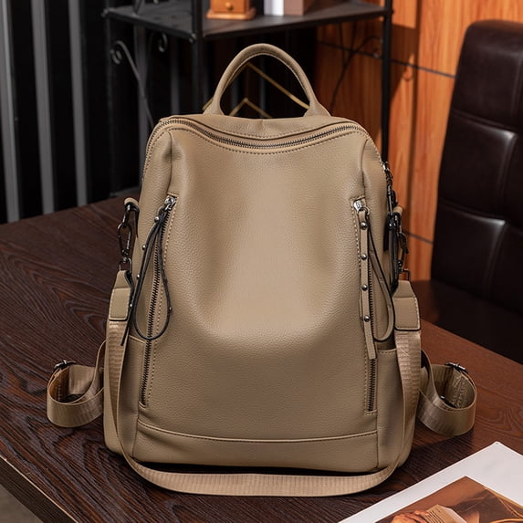 Womens Backpack Soft Leather Backpack Large Capacity Fashion Casual Travel Daypack Khaki One Size