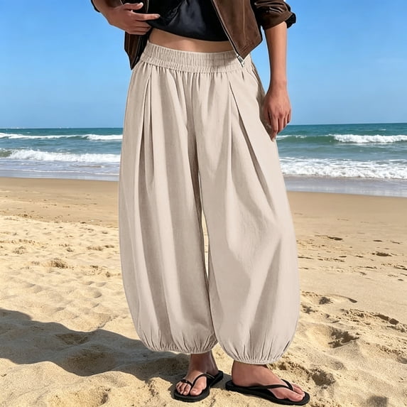 Womens Baggy Balloon Pants Cotton Linen Barrel Pants High Waisted Wide Leg Pants with Pockets 2XL