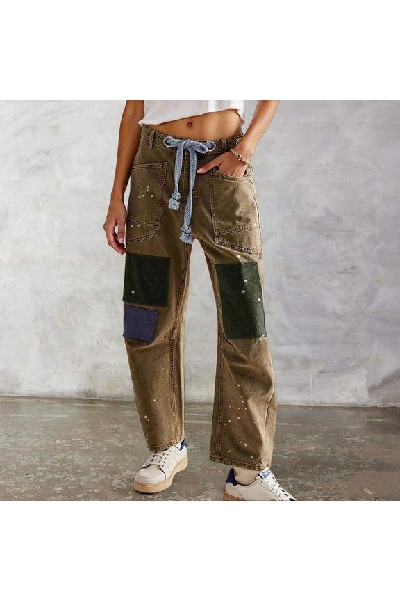Womens Baggy Barrel Jeans Wide Leg Patchwork Low Rise Denim Pants With Pockets 20w Womens Pants Long Stilt Pants Women Boot Cut Size Denim Designer Pants for Women Jean Women plus Jean Leggings for