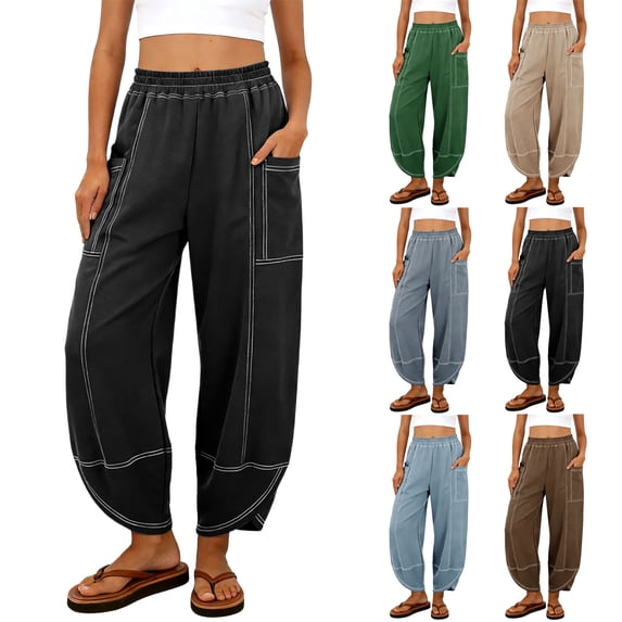 Womens Baggy Barrel Pants Wide Leg Casual Drawstring Sweatpants with Pockets