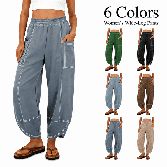 Womens Baggy Barrel Pants Wide Leg Casual Drawstring Sweatpants with Pockets