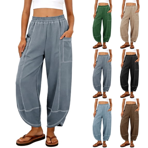Womens Baggy Barrel Pants Wide Leg Casual Drawstring Sweatpants with Pockets