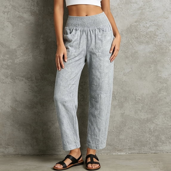 Womens Baggy Barrel Pants Wide Leg High Smocked Waisted Lounge Pants Summer 2026 Beach Vacation Casual Trousers with Pockets(Grey,L)
