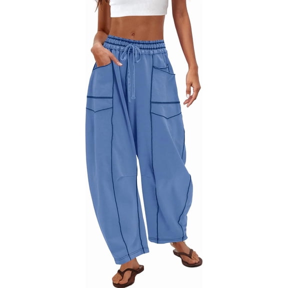 Womens Baggy Barrel Pants Wide Leg Lounge Drawstring Sweatpants with Pockets