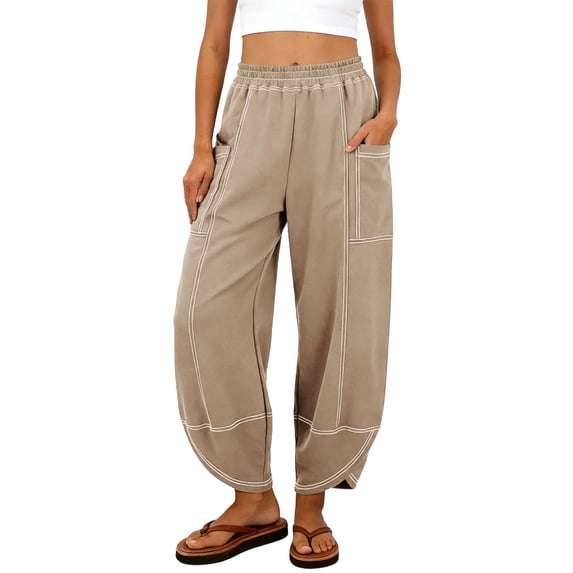Womens Baggy Barrel Sweatpants Wide Leg Elastic Waist Casual Sweat Pants with Pockets Loose Fit Lightweight Beach Trousers
