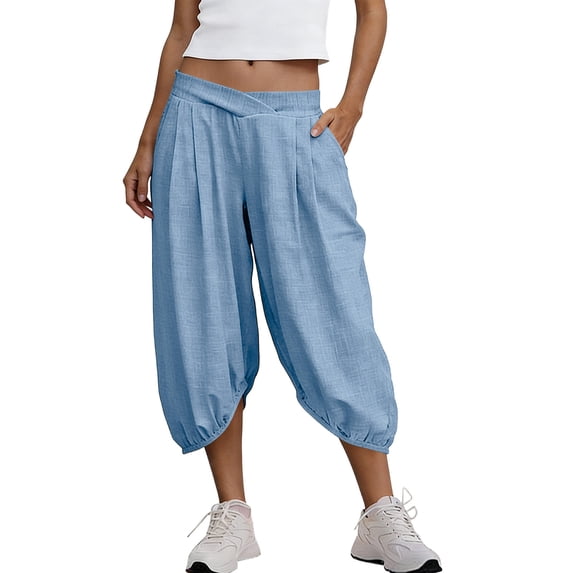 Womens Baggy Capris Pants Cotton Linen Mid Cross Waist Harem Pants Wide Leg Cropped Trousers with Pockets